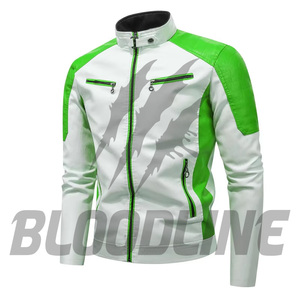 BLOODLINE Men's Black <b>White</b> PU Leather Moto Biker <b>Jacket</b> Slim Fit Zipper Closure Stand Collar Autumn Wear - Product Image 5