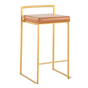 Sgabello da bancone contemporaneo Fuji di Fuji Gold con cuscino in ecopelle color cammello, set di 2 sgabelli da bar impilabili - Product Image 2