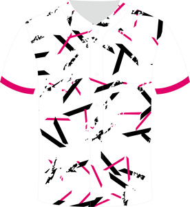 Camiseta de Béisbol Unisex Blanca con Estampado Geométrico Negro y Rosa, Manga Corta, Cierre de Botones, 100% Poliéster, Transpirable, Antibacteriana - Product Image 1