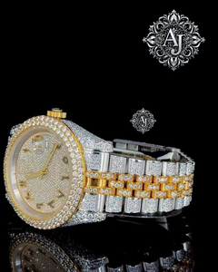 Reloj de Cuarzo de Acero Inoxidable de Dos Tonos con Bisel de Diamantes Moissanite, Diseño Antiguo, Reloj de Pulsera con Indicador de Fecha, Joyería de Moda - Product Image 3