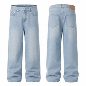 Jean en denim ample bleu clair vintage pour homme, taille haute, coupe décontractée, longueur intégrale, en coton délavé, style streetwear - Product Image 1