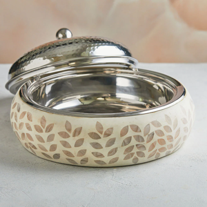 Arabic Wooden Round Casseroles Hotpot With Mother of Pearl Best Quality Metal Handmade Luxury Casserole Round Tabletop - Product Image 5