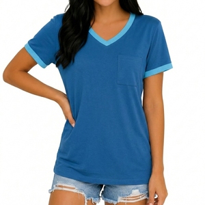 Women's Blue V-Neck Short Sleeve T-Shirt With Pocket Casual Cotton Jersey <b>Top</b> Spring Summer Wear - Product Image 3