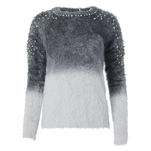 Pull en mohair dégradé pour femme, col rond, manches longues, décontracté, hiver, anti-boulochage, épais, duveteux, gris et blanc - Product Image 1