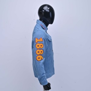 <b>Mens</b> Light Blue Denim Racer <b>Jackets</b> Turn-Down Collar Embroidered Letter Logo Left Sleeve Casual Autumn Wear <b>Bike</b> Racer <b>Jackets</b> - Product Image 3