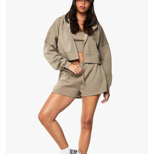 Ensemble short femme 2026 100% Coton Style Urbain Crop Hoodie Taille Haute Tenue de Sport avec Poches Logo Brodé Joggers - Product Image 2