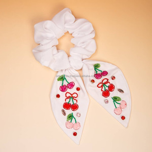 Écharpe ajustable écologique brodée de perles cerises, chouchou noir et blanc, attache-cheveux nœud queue de cheval, pour filles, fête, style coréen, motif fruit - Product Image 2