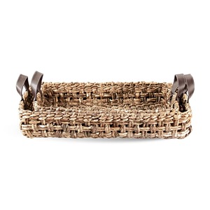 Rectangular Wicker Storage <b>Tray</b> With Leather Handles Bohemian Style For Tabletop Use - Product Image 5