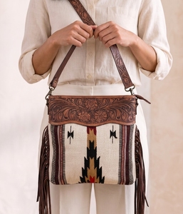 Hand Tooled Fringe Bohemian Saddle Bag Aztec Pattern Leather Trim Zipper Crossbody Shoulder <b>Handbag</b> for Women Travel Portable - Product Image 5