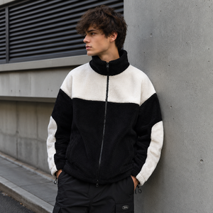 Custom Men's Sherpa <b>Fleece</b> <b>Jacket</b> <b>with</b> Stand Collar Front Logo | OEM Private Label Color Block Teddy Zip-Up Winter Manufacturer - Product Image 6