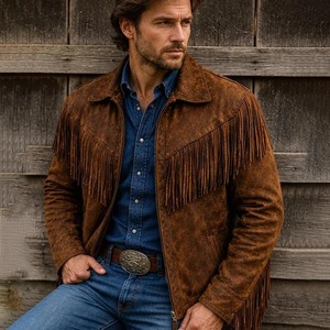 Mens Brown Genuine Leather <b>Fringe</b> <b>Jacket</b> with Western Cowboy Design - Product Image 3