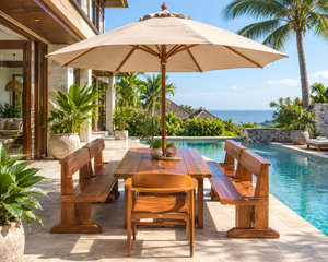 Ensemble table et bancs en bois pour extérieur, mobilier de jardin, de terrasse ou de bord de piscine, avec parasol et sièges - Product Image 1