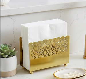 Porta pañuelos de metal dorado con diseño floral recortado, soporte independiente para servilletas, para uso en mesa y en hoteles. - Product Image 1