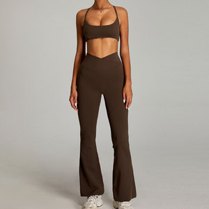 Brown Seamless Yoga Set Crop Top High Waist Flared Pants 2 Piece Spandex Polyester Breathable Scoop Neck Spaghetti Strap - Product Image 1