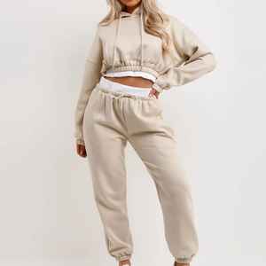 Ensemble 2 pièces décontracté pour femme, style Hip Hop, comprenant un crop top court à manches longues et un pantalon, en molleton uni, effet délavé, idéal pour l'hiver, en polyester/coton - Product Image 2