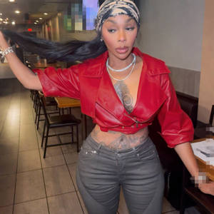 Veste de moto courte en cuir PU pour femme, veste bomber à fermeture éclair avec ceinture, manteau court à manches longues, automne/hiver - Product Image 1