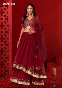 Party Wear Georgette with Zari-<b>Sequin</b> Embroidered Ruffle Layered Flared <b>Red</b> Lehenga-Choli Set Woman Fashion Exporter - Product Image 2