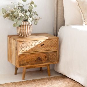 Mesita de Noche de Madera Tallada a Mano con 2 Cajones, Mesa Auxiliar Vintage para Dormitorio, Gabinete de Almacenamiento para Hotel, Villa u Hogar - Product Image 1