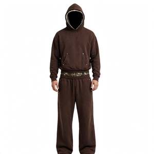 Conjunto de Sudadera con Capucha y Pantalones Deportivos de Punto Sólido 100% Algodón para Hombre, con Cintura de Doble Capa, Secado Rápido y Pierna Ancha, Ropa de Invierno - Product Image 1