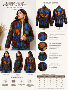 Veste en velours côtelé brodée à la main, col mandarin, manches longues, fermeture éclair, motif floral, style automne, veste pour femme - Product Image 3