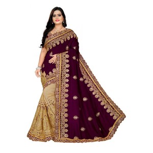 Sari en soie Vichitra pour mariage avec broderies riches en couleur vin - Product Image 1