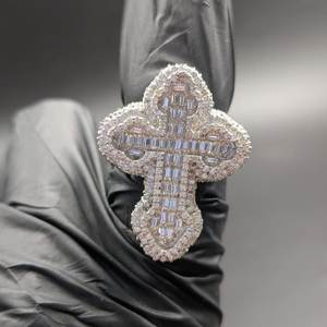 Luxury 925 <b>Silver</b> Cross Cocktail <b>Ring</b> With Baguette Cut Diamond Pave Setting Religious Christian Unisex Jewelry - Product Image 1