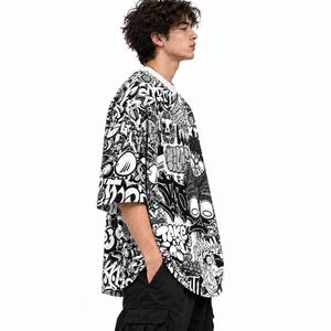 T-shirt graphique oversize pour homme, style streetwear, noir et blanc, imprimé graffiti cartoon, manches courtes, col rond - Product Image 3