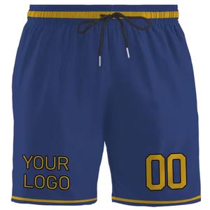 Shorts de basketball personnalisés pour hommes, bleu et jaune, impression par sublimation, séchage rapide, sportifs, avec cordon de serrage à la taille, longueur mi-cuisse, pour entraînement et sport - Product Image 1