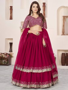 Ensemble Lehenga Choli en Georgette Bourgogne avec Jupe Évasée et Haut Court Brodés de Zari et de Paillettes pour Mariage et Fêtes - Product Image 1