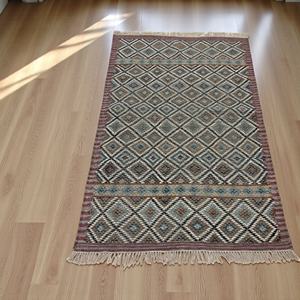 Handmade Modern Abstract Eco-Friendly Kilim <b>Rug</b>-Tan & Navy Blue Flatweave Hand-Woven Wool with Earth-Tone Vine Leaf Motifs - Product Image 1