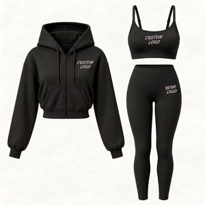 Premium Custom Logo Women's <b>3</b> Piece Sports Set Long Sleeve Zip Jacket Sports Bra Capri Fall Workout Activewear - Product Image 3