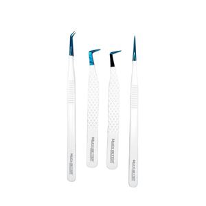Best seller 90 grados L bota Pinzas de extensión de pestañas punta azul recubierta de pintura y mango blanco Pinzas de pestañas de acero agarre perfecto - Product Image 1