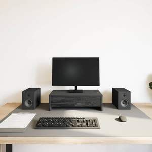 Support d'écran en bois d'ingénierie Black Oak 50x27x15 cm avec tiroirs, organisateur de bureau et de tiroirs noir - Product Image 3