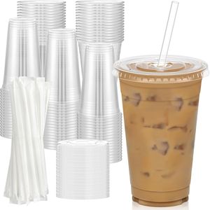 Bicchieri di Plastica Trasparente Usa e Getta da 20 oz con Coperchi e Cannucce, Confezione da 100, Sicuri per Alimenti, per Caffè Freddo, Superficie Robusta e Liscia - Product Image 1
