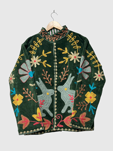 Chaqueta de Forro Polar Bordada Estilo Bohemio, Manga Larga, Cuello Mao, Estampado Floral, Talla Grande, Ropa de Otoño para Mujer - Product Image 1