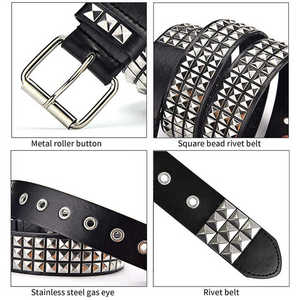 Ceinture en cuir de vachette noir avec clous pyramidaux argentés, boucle à ardillon, style décontracté, durable, moulage monobloc - Product Image 5