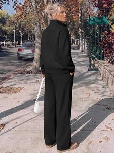 Conjunto de 2 Piezas para Mujer, Sudadera de Felpa, Pantalones Anchos de Felpa, Color Sólido, Casual, para Todas las Temporadas, con Cierre y Cordón Ajustable - Product Image 3