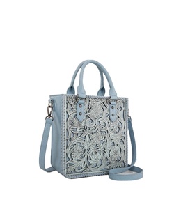 Bolso Tote Cruzado Vintage de Cuero Repujado a Mano Estilo Occidental para Chicas, Cierre de Cremallera, Diseño Floral Tallado, Bolso para Portar Objetos Ocultos, Venta al Por Mayor - Product Image 1