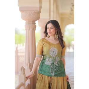 <b>Linen</b> Embroidered Palazzo <b>Set</b> with Silk Dupatta for Women - Product Image 1