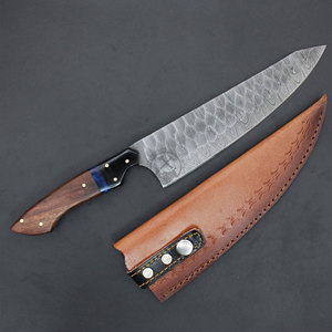 Couteau de cuisine Santoku japonais haut de gamme, entièrement forgé en acier Damas, 13 pouces, lame martelée et affûtée, manche en bois de rose. - Product Image 5