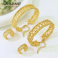 Parure de bijoux de mode arabe en perles, plaqué or 24 carats, avec bracelets ouverts à pièces et bague, pour mariages islamiques et fêtes