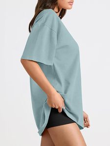 <b>Women's</b> Oversized Solid Crew Neck Short Sleeve Loose Fit 100% Cotton Jersey T-Shirt Spring Summer Breathable Casual <b>Top</b> - Product Image 2