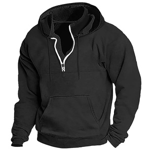 Men's Hooded Quarter Zip Sweatshirt Solid Green Fleece Casual Boxy Fit Autumn Polyester/Cotton Waterproof Pocket - Product Image 2