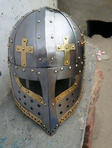 Medieval Knight Helmet Mild Steel Gold-Plated Cross Design Round Shape Art Collectible Armor Display - Product Image 2