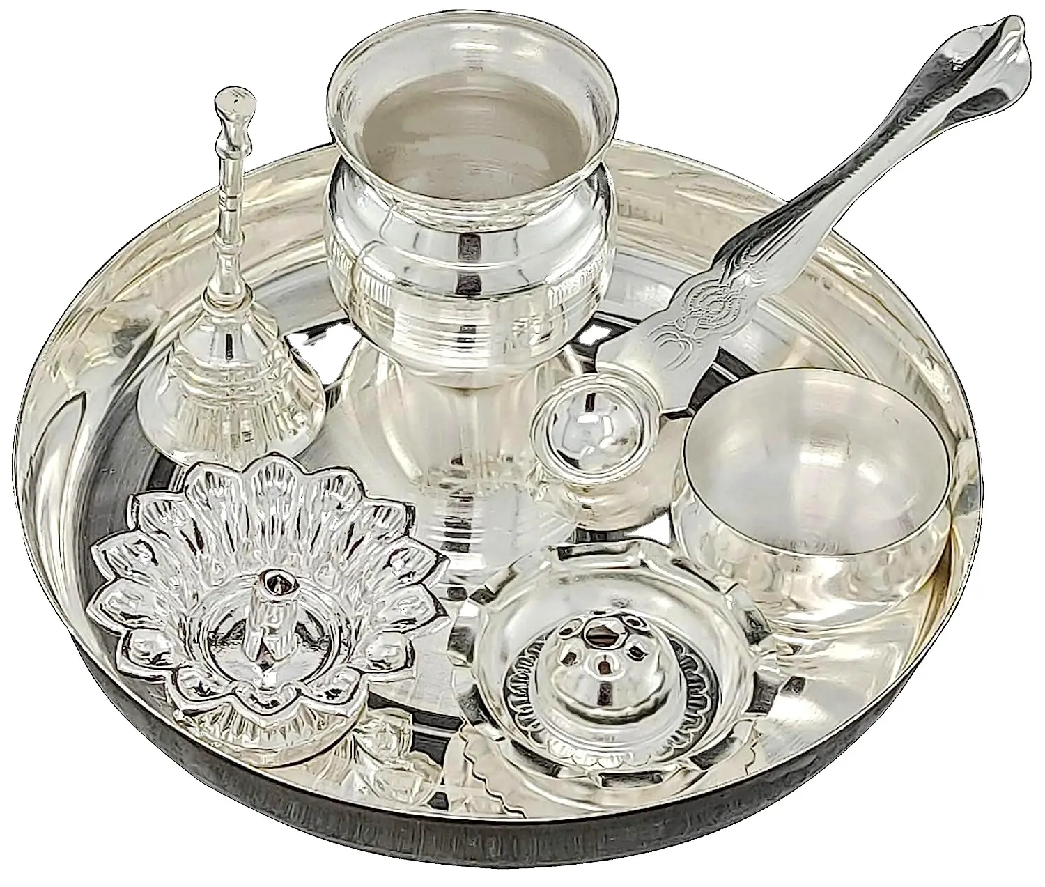 Juego de Pooja thali Chapado en plata de 7 pulgadas Festival étnico Puja Thali artículos para Diwali Daily Home Mandir Office Wedding Return Gift