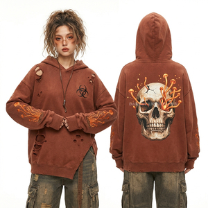 Sudadera con capucha blanca de 400GSM con lavado vintage, estampado floral de calavera y hoja de helecho, estilo bohemio, bajo sin rematar, ropa urbana - Product Image 5