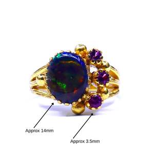 Anillo Clásico de Plata de Ley 925 Chapado en Oro con Ópalo Negro y Turmalina para Mujer, Joyería para Bodas - Product Image 1