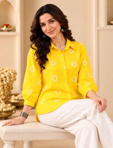 <b>Women</b> <b>Yellow</b> Geometric Printed Poplin Button Down Shirt Three Quarter Sleeve Casual Loose Fit Spring Summer White Pants Set - Product Image 4