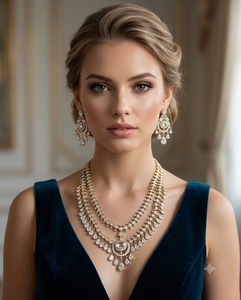 Ensemble de collier long à motif goutte d'eau double couche avec boucles d'oreilles assorties, bijoux ethniques de mariée plaqués or antique traditionnels - Product Image 4