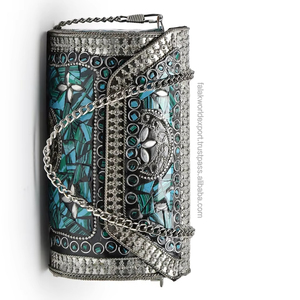 Elegante Bolso de Mano Metálico con Mosaico y Piedras de Madreperla, Diseño Étnico Antiguo Hecho a Mano, Cadena para Boda, Año Nuevo, Falak World Export - Product Image 3